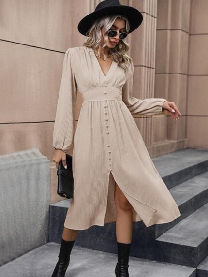 Wholesale Solid Color Long Sleeve Slit Dress