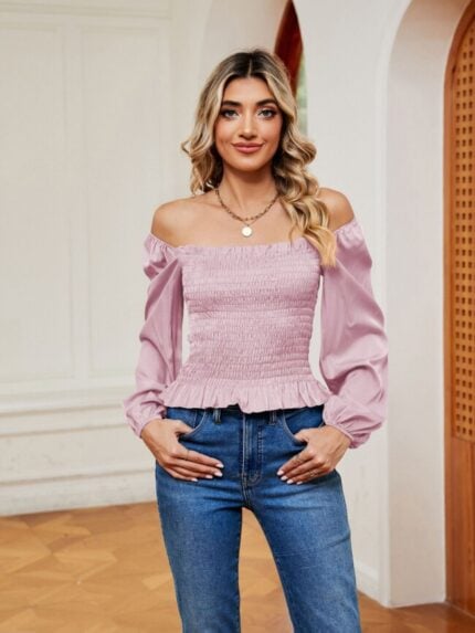 Wholesale Solid Color Square Neck Off-shoulder Blouse