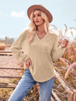 Wholesale Solid Color V-Neck Pocket Long Sleeve Top