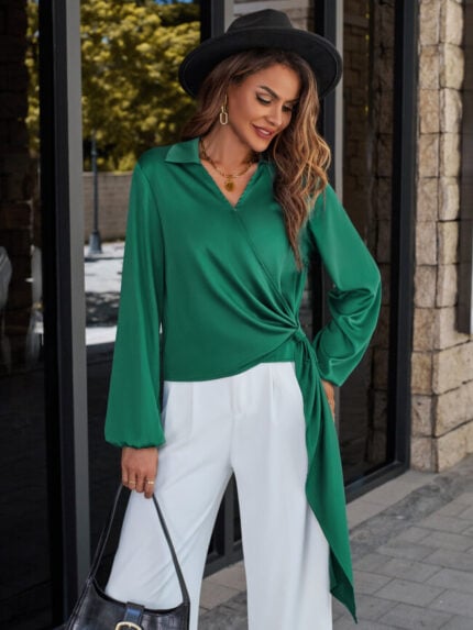 Wholesale Solid Color V Neck Puff Sleeve Blouse