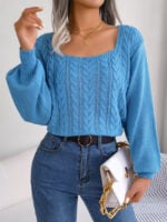 Wholesale Square Neck Twist Balloon Sleeve Sweater