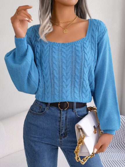 Wholesale Square Neck Twist Balloon Sleeve Sweater