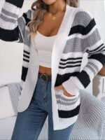 Wholesale Striped Pocket Long Sleeve Knit Cardigan