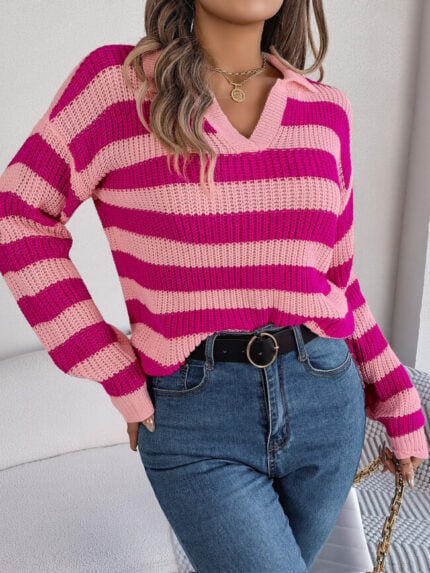 Wholesale Striped V-Neck Casual Sweater