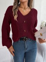 Wholesale V Neck Button Twist Long Sleeve Sweater