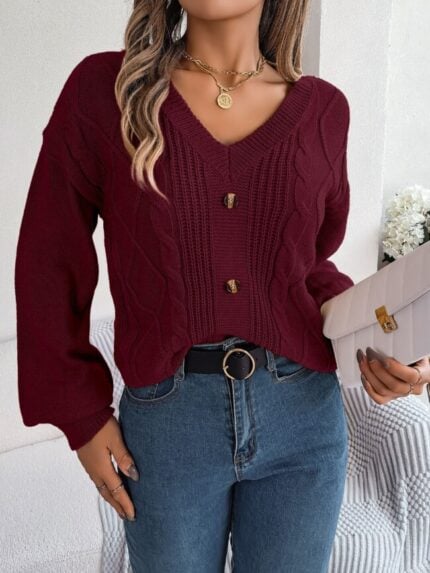 Wholesale V Neck Button Twist Long Sleeve Sweater