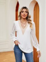 Wholesale V-neck Lace Paneled Loose Long Sleeve T-shirt