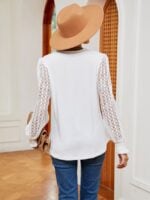 Wholesale V-neck Lace Paneled Loose Long Sleeve T-shirt