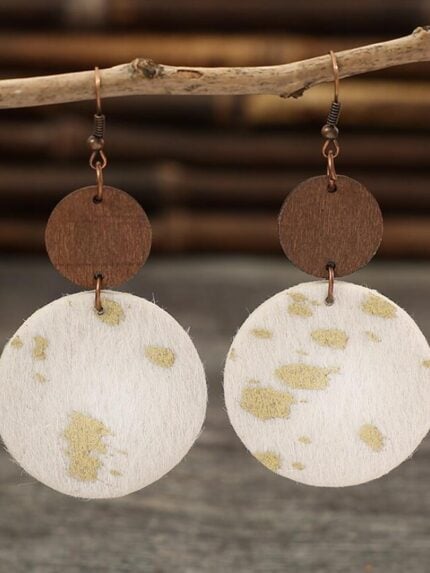 Wholesale round shape wood and leather earrings