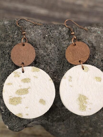 Wholesale round shape wood and leather earrings