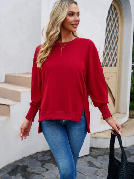 Wholesale solid color round neck split hem sweatshirt