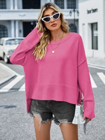 wholesale solid Bell sleeves slit hem knit top