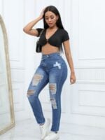 Wholesale Designed waist ripped high-waisted skinny jeans