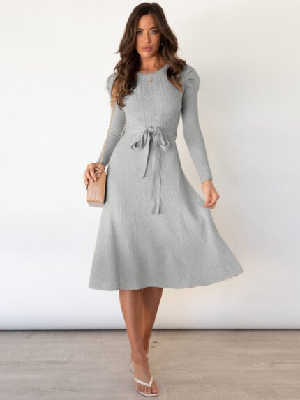 Wholesale Puff sleeve bow waist sweater dress