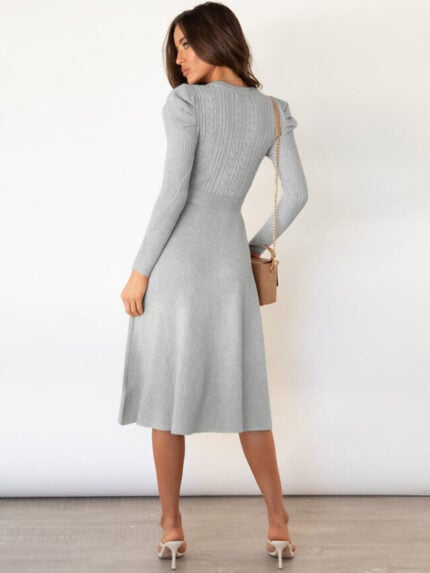 Wholesale Puff sleeve bow waist sweater dress