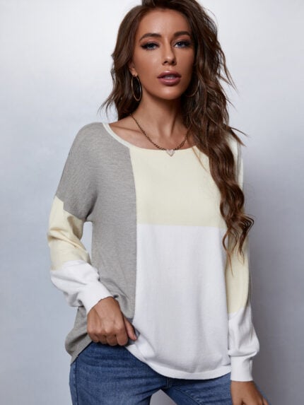 Wholesale color block round neck sweater