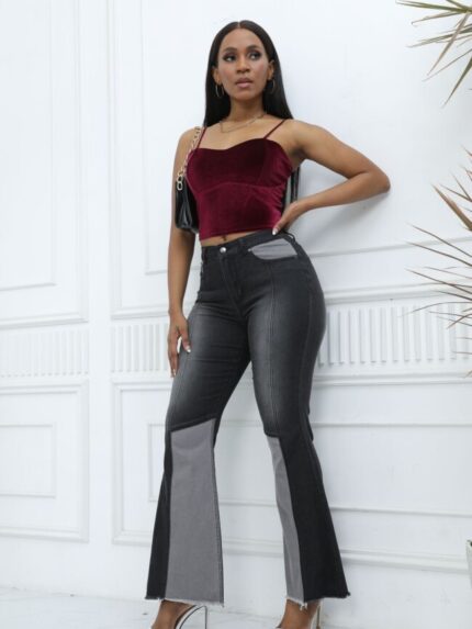 Wholesale color block wide leg denim jeans