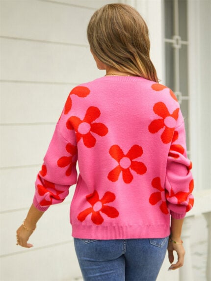 Wholesale flower pattern drop shoulder sweater