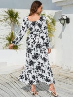 Wholesale flower print puff sleeve tie waist maxi dress