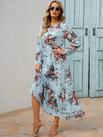 Wholesale flower print round neck maxi dress