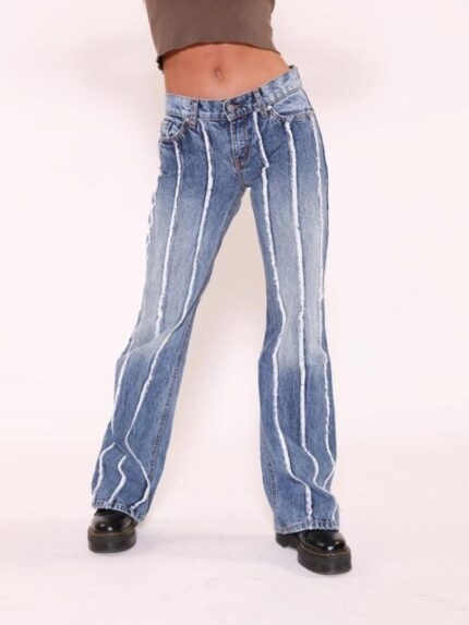 Wholesale high stretch vertical stripes straight leg jeans