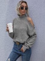 Wholesale mock neck off shoulder raw hem design sweater