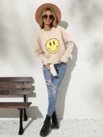 Wholesale smile face raw hem sweater