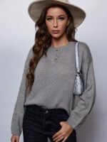 Wholesale solid button decor round neck sweater