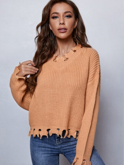 Wholesale solid raw hem chic sweater