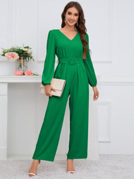 Wholesale solid v-neck tie waist jumpsuit