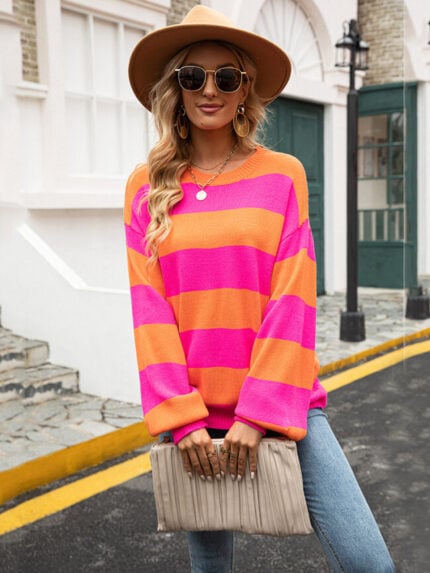 Wholesale striped lantern sleeve loose knit top