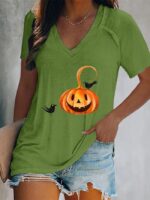 Wholesale v-neck halloween pumpkin print short sleeve top