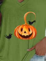 Wholesale v-neck halloween pumpkin print short sleeve top