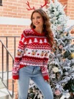 wholesale Christmas Elk & Geo Pattern Drop Shoulder Sweater