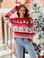 wholesale Christmas Elk & Geo Pattern Drop Shoulder Sweater