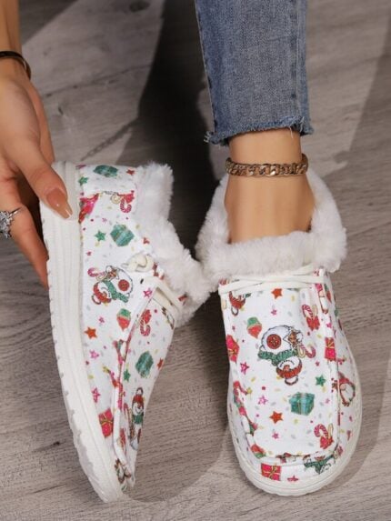 Wholesale Christmas print furry lace up shoes