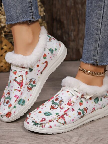 Wholesale Christmas print furry lace up shoes