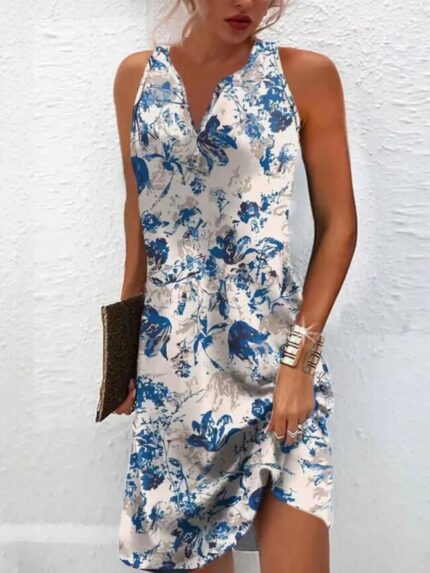 Wholesale Flower print v-neck tank dress