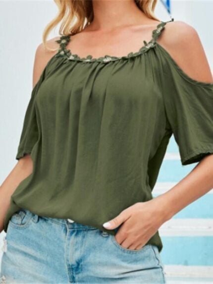 Wholesale Lace round neck off-shoulder solid color T-shirt