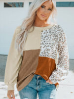 Wholesale Leopard print contrast panel long-sleeved top