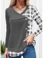 Wholesale Plaid print button casual V-neck top