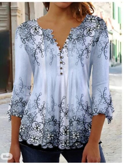 Wholesale Printed V-neck three-quarter sleeve Top