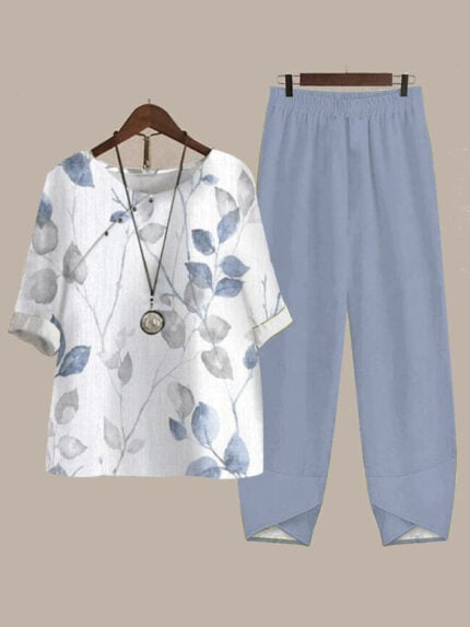 Wholesale Printed crew neck top and pants two-piece set