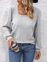 Wholesale Solid ribbed square neck lantern Sleeve Sweater