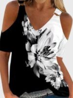 Wholesale V-neck off shoulder printed top