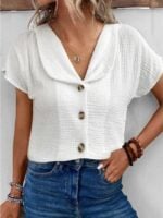 Wholesale button front lapel short sleeve top