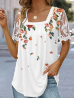 Wholesale flower print square neck lace panel top