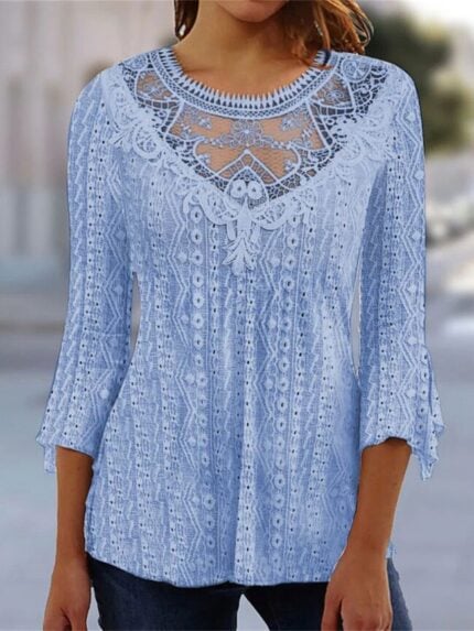 Wholesale lace paneled three-quarter sleeve top