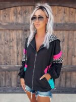 Wholesale leopard print patchwork zipped hooded jacket