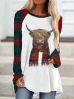 Wholesale plaid Cow head print long sleeve T-shirt